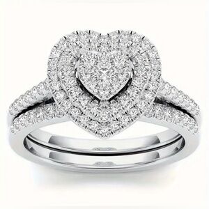 NIB- 201 Sterling Silver CZ Heart Ring Set